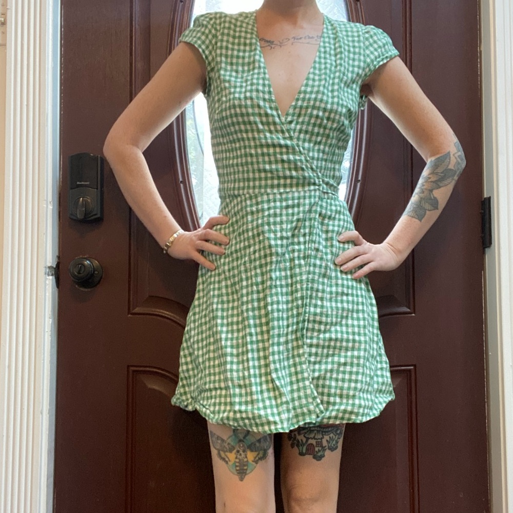 Reformation Green Gingham Tie Wrap Dress